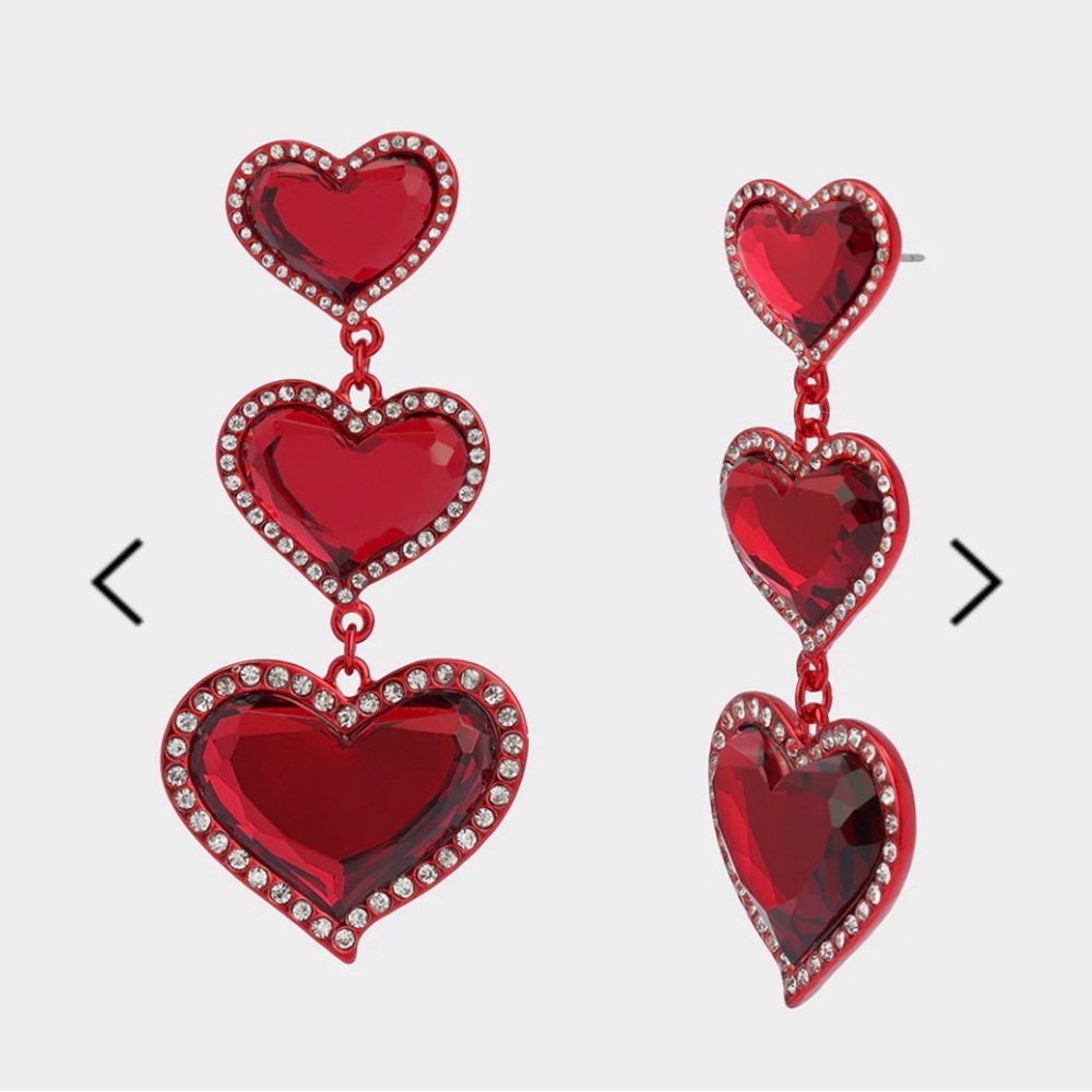 Betsey Johnson Red Heart Triple Drop Earrings:

LOVE SPELL DROP EARRINGS RED